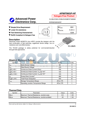 AP99T06GP-HF datasheet - Simple Drive Requirement, Lower On-resistance, Fast Switching Characteristic