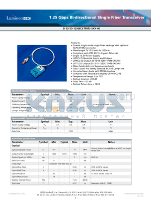 B-13-1250-TPM3-SSC-60 datasheet - 1.25 Gbps Bi-directional Single Fiber Transceiver