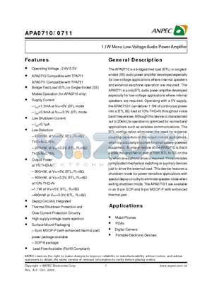 APA0710K-TRL datasheet - 1.1W Mono Low-Voltage Audio Power Amplifier