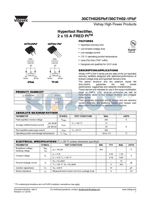 30CTH02-1TRLPBF datasheet - Hyperfast Rectifier,2 x 15 A FRED PtTM