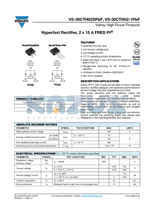 30CTH02-1TRRPBF datasheet - Hyperfast Rectifier, 2 x 15 A FRED Pt