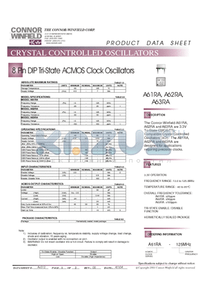 A63RA-125 datasheet - 8 Pin DIP Tri-State ACMOS Clock Oscillators