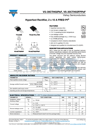 30CTH02PBF datasheet - Hyperfast Rectifier, 2 x 10 A FRED Pt