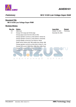 A64E06161G-70 datasheet - 1M X 16 Bit Low Voltage Super RAM