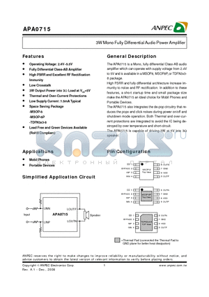 APA0715 datasheet - 3W Mono Fully Differential Audio Power Amplifier