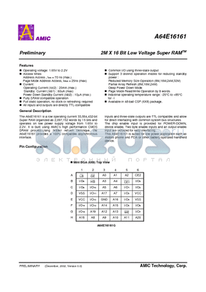 A64E16161 datasheet - 2M X 16 Bit Low Voltage Super RAM