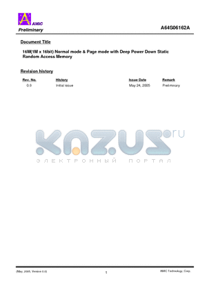 A64S06162A datasheet - 16M(1M x 16bit) Normal mode & Page mode with Deep Power Down Static Random Access Memory