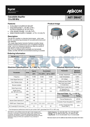 A67 datasheet - Cascadable Amplifier 10 to 800 MHz