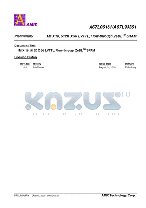 A67L06181E-10.0F datasheet - 1M X 18, 512K X 36 LVTTL, Flow-through ZeBL SRAM