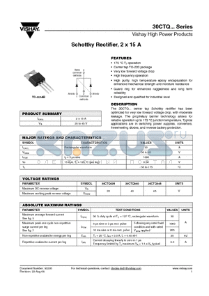 30CTQ045 datasheet - Schottky Rectifier, 2 x 15 A