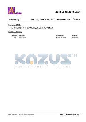 A67L0618E datasheet - 1M X 18, 512K X 36 LVTTL, Pipelined ZeBL SRAM