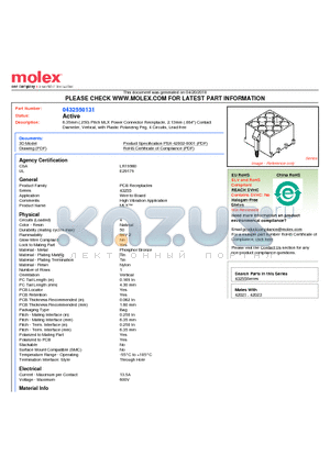 43255-0131 datasheet - 6.35mm (.250) Pitch MLX Power Connector Receptacle, 2.13mm (.084