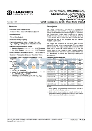CD74HC373 datasheet - High Speed CMOS Logic Octal Transparent Latch, Three-State Output