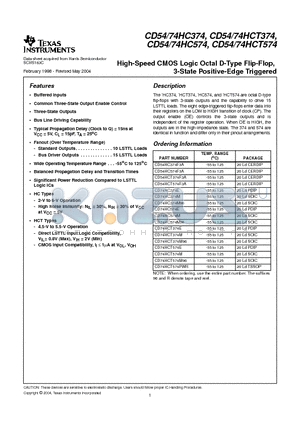 CD74HC374E datasheet - High-Speed CMOS Logic Octal D-Type Flip-Flop, 3-State Positive-Edge Triggered