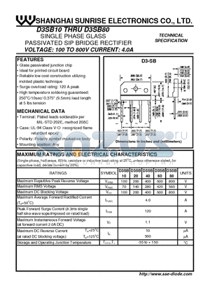 D3SB20 datasheet - SINGLE PHASE GLASS PASSIVATED SIP BRIDGE RECTIFIER