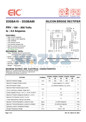 D3SBA20 datasheet - SILICON BRIDGE RECTIFIER