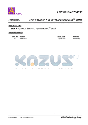 A67L8336E-2.6 datasheet - 512K X 18, 256K X 36 LVTTL, Pipelined ZeBL SRAM