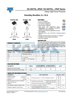 30CTQ080-1PBF datasheet - Schottky Rectifier, 2 x 15 A