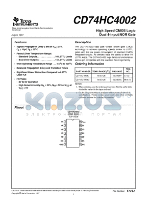 CD74HC4002M datasheet - High Speed CMOS Logic Dual 4-Input NOR Gate