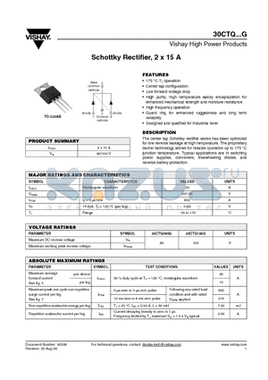 30CTQ100GPBF datasheet - Schottky Rectifier, 2 x 15 A