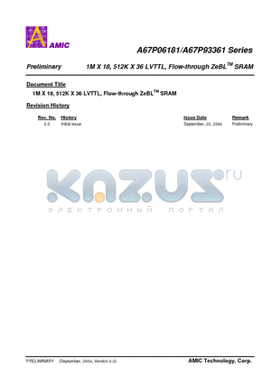 A67P06181E-7.5 datasheet - 1M X 18, 512K X 36 LVTTL, Flow-through ZeBL SRAM