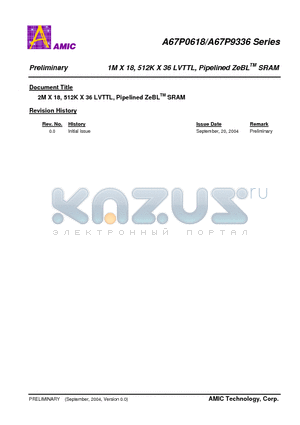 A67P0618E-3.8 datasheet - 1M X 18, 512K X 36 LVTTL, Pipelined ZeBL SRAM