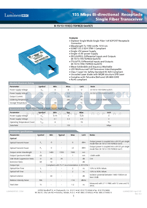 B-13-155-TDFB3-SST5 datasheet - 155 Mbps Bi-directional Receptacle Single Fiber Transceiver