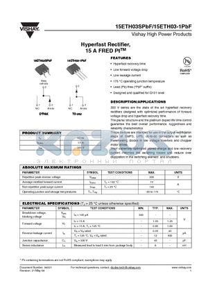 15ETH03-1TRLPBF datasheet - Hyperfast Rectifier, 15 A FRED PtTM