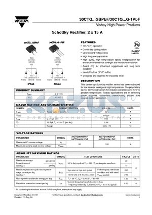 30CTQG100-1TRLPBF datasheet - Schottky Rectifier, 2 x 15 A