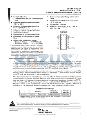 CD74HC40103QM96EP datasheet - HIGH-SPEED CMOS LOGIC 8-STAGE SYNCHRONOUS DOWN COUNTER