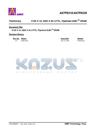 A67P8336 datasheet - 512K X 18, 256K X 36 LVTTL, Pipelined ZeBL SRAM