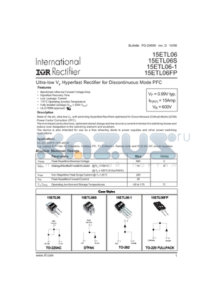15ETL06-1 datasheet - Ultra-low VF Hyperfast Rectifier for Discontinuous Mode PFC