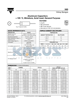 30D107M200LS2A datasheet - Aluminum Capacitors  105 `C, Miniature, Axial Lead, General Purpose
