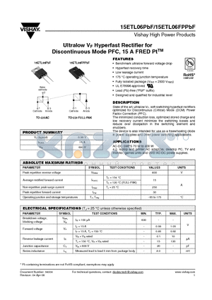 15ETL06PBF datasheet - Ultralow VF Hyperfast Rectifier for Discontinuous Mode PFC, 15 A FRED PtTM