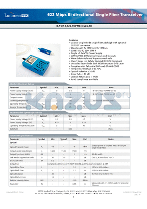 B-13-622-TDPM-SSC-60 datasheet - 622 Mbps Bi-directional Single Fiber Transceiver