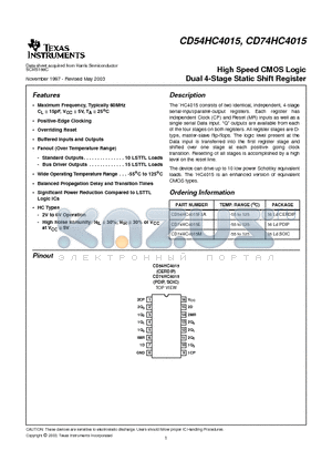 CD74HC4015M datasheet - High Speed CMOS Logic Dual 4-Stage Static Shift Register