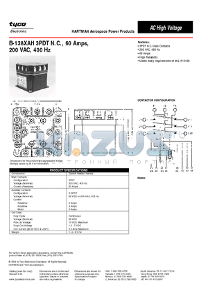 B-138XAH datasheet - B-138XAH 3PDT N.C., 60 Amps,200 VAC, 400 Hz