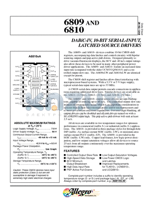 A6809SLW datasheet - DABiC-IV, 10-BIT SERIAL-INPUT, LATCHED SOURCE DRIVERS