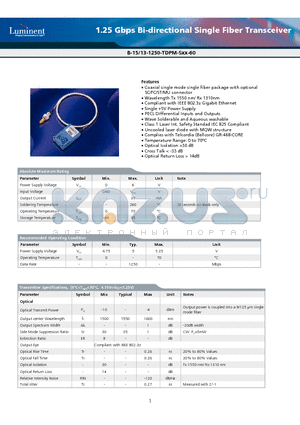 B-15-1250-TDPM-SFC-60 datasheet - 1.25 Gbps Bi-directional Single Fiber Transceiver