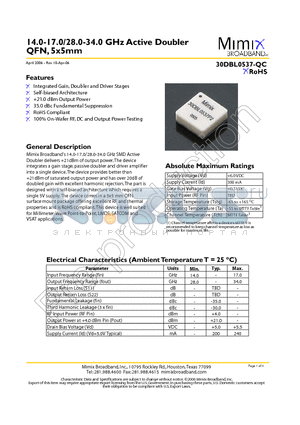 30DBL0537-QC datasheet - 14.0-17.0/28.0-34.0 GHz Active Doubler QFN, 5x5mm