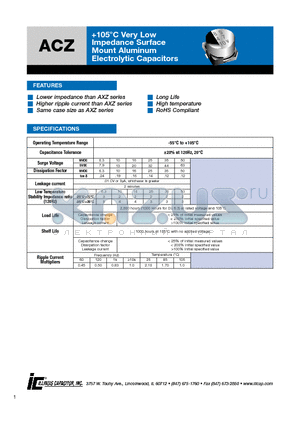 227ACZ016MJG datasheet - 105`C Very Low Impedance Surface Mount Aluminum Electrolytic Capacitors