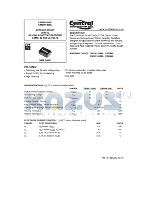 CMSH1-20ML_10 datasheet - SURFACE MOUNT LOW VF SILICON SCHOTTKY RECTIFIER 1 AMP, 20 AND 40 VOLTS