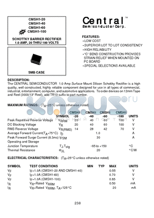 CMSH1-40 datasheet - SCHOTTKY BARRIER RECTIFIER 1.0 AMP, 20 THRU 100 VOLTS