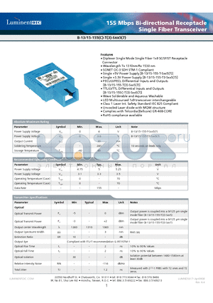 B-15-13-155-T-SSC5-G5 datasheet - 155 Mbps Bi-directional Receptacle Single Fiber Transceiver