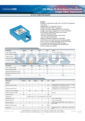 B-15-13-155-T-SST5 datasheet - 155 Mbps Bi-directional Receptacle Single Fiber Transceiver