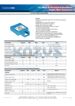 B-15-155-T-SFC3G5 datasheet - 155 Mbps Bi-directional Receptacle Single Fiber Transceiver