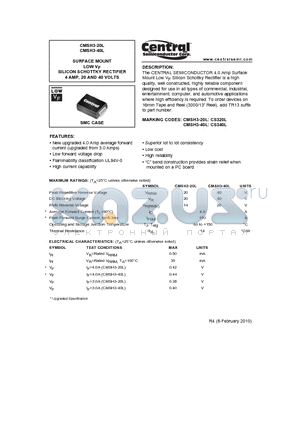 CMSH3-20L_10 datasheet - SURFACE MOUNT LOW VF SILICON SCHOTTKY RECTIFIER 4 AMP, 20 AND 40 VOLTS