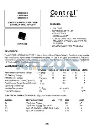 CMSH3-20 datasheet - SCHOTTKY BARRIER RECTIFIER 3.0 AMP, 20 THRU 60 VOLTS