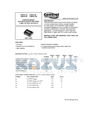 CMSH3-40 datasheet - SURFACE MOUNT SILICON SCHOTTKY RECTIFIER 3 AMP, 20 THRU 100 VOLTS