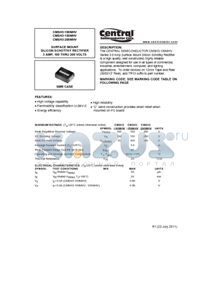 CMSH3-150MHV datasheet - SURFACE MOUNT SILICON SCHOTTKY RECTIFIER 3 AMP, 100 THRU 200 VOLTS